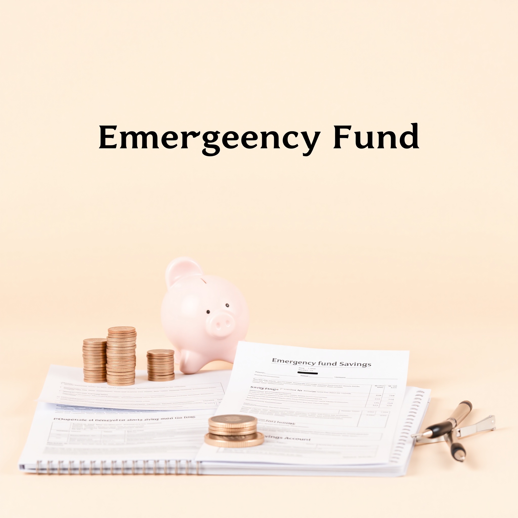 Professional photo of piggy bank and emergency savings growth illustration with coins and financial planning documents, financial security concept