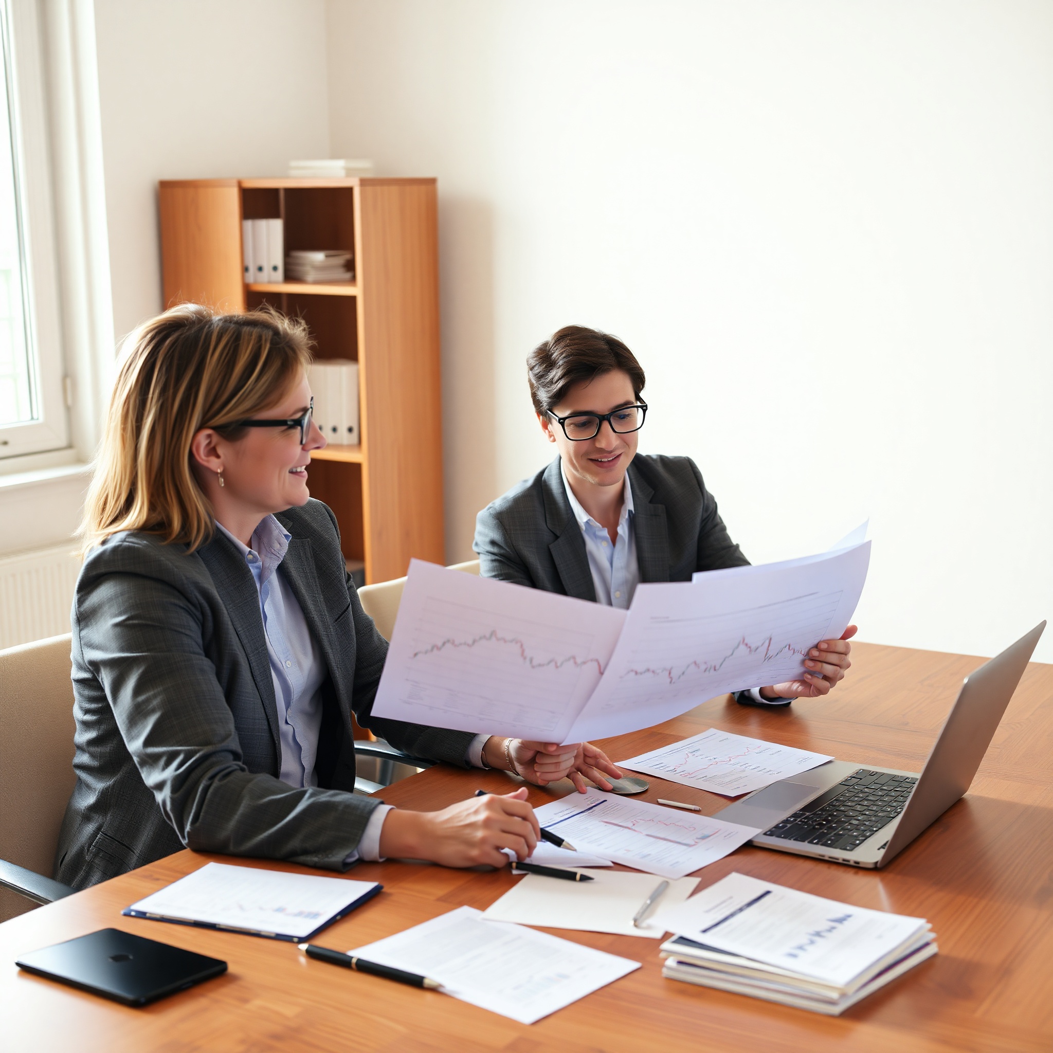 Professional financial advisor reviewing budget spreadsheet with client in modern office environment