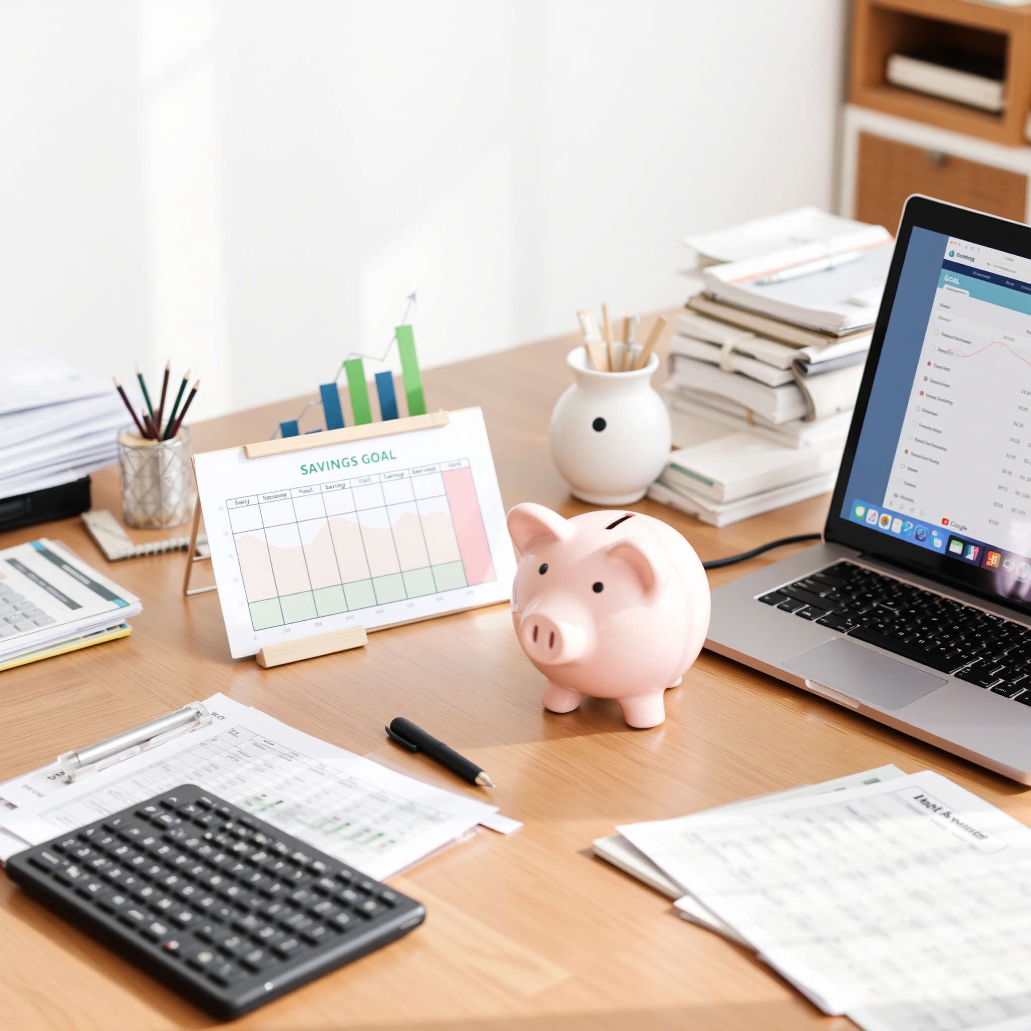 Financial planning workspace with emergency fund savings goal chart and personal finance documents