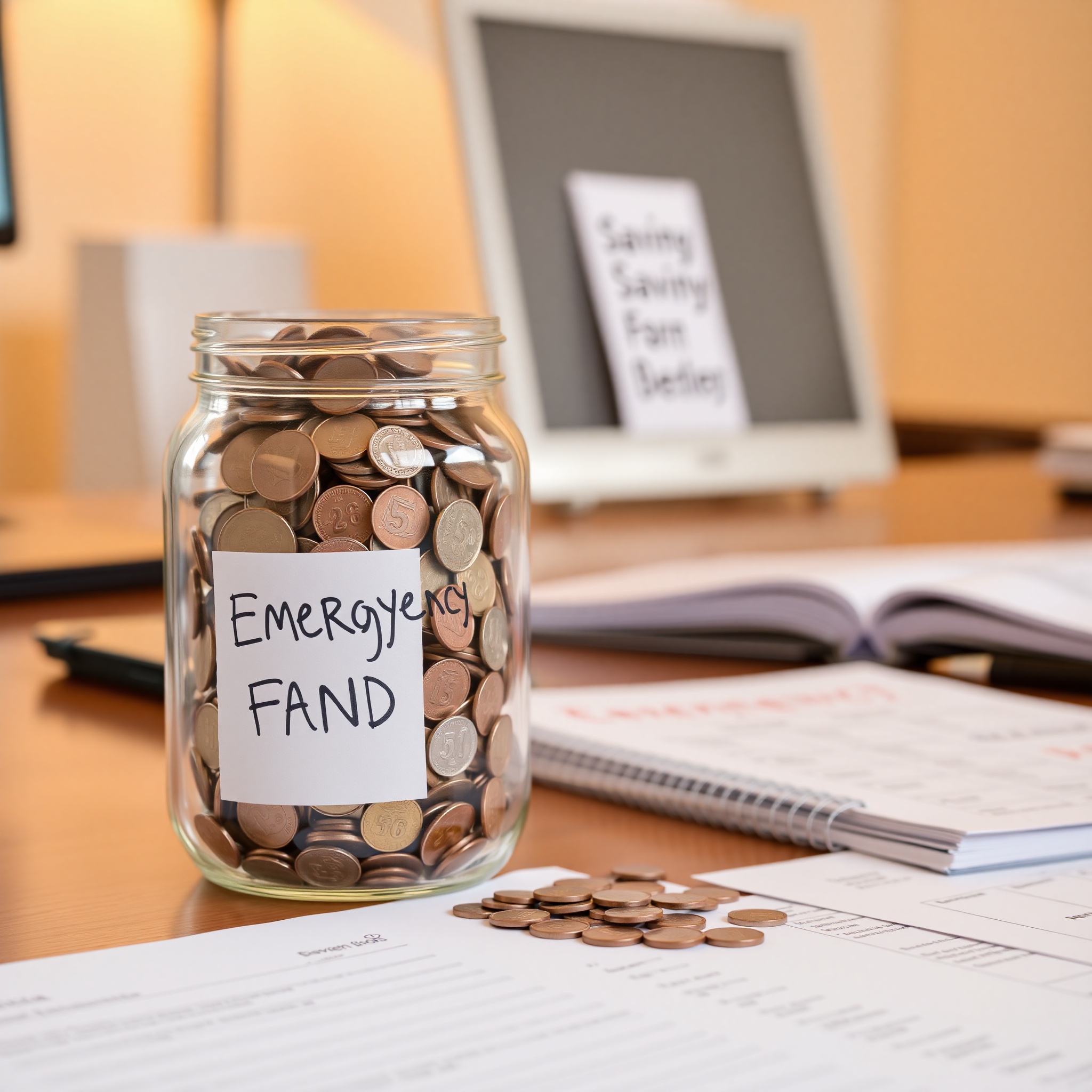 Emergency fund savings jar with coins and financial planning documents