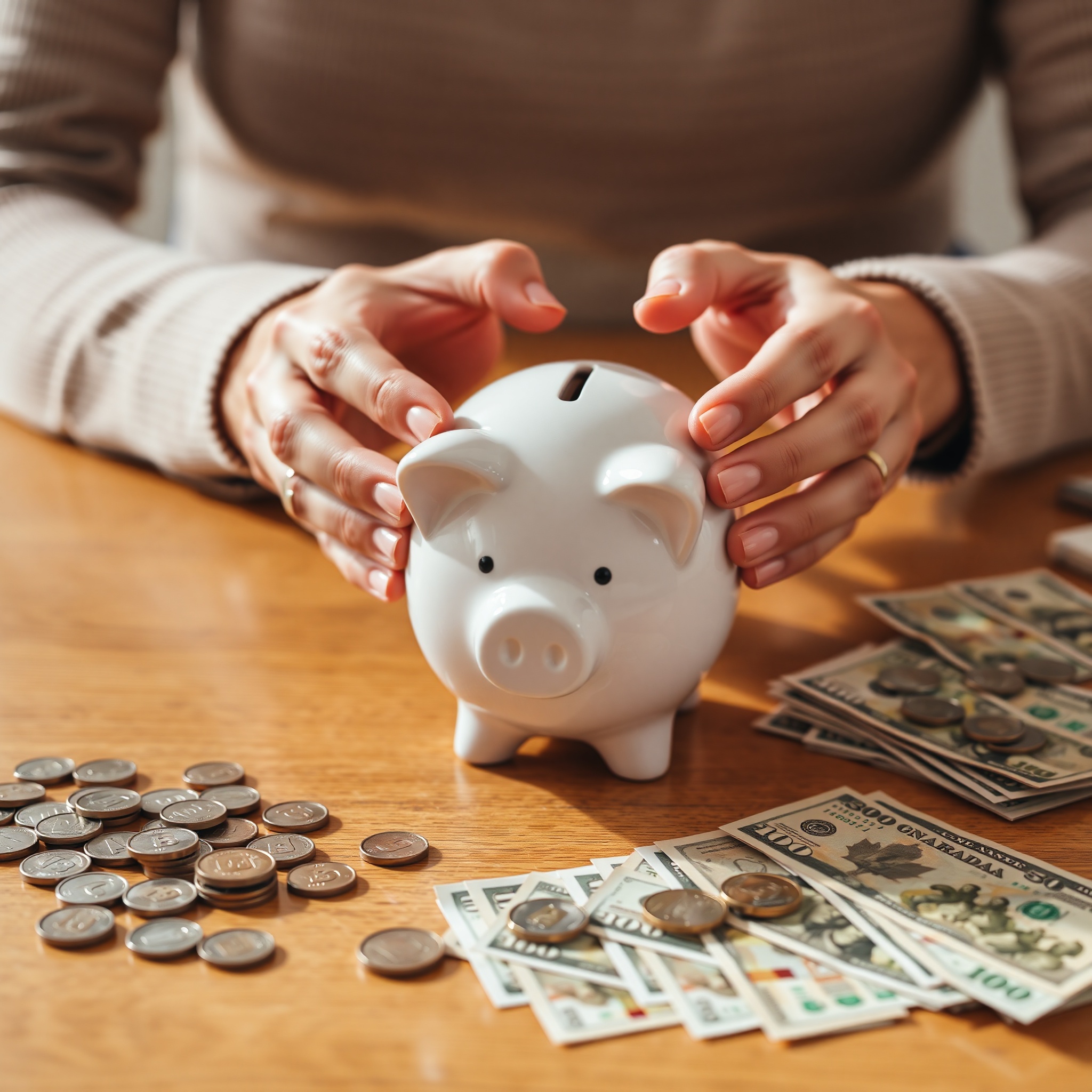 Close-up of hands holding piggy bank with coins stacked nearby representing savings growth