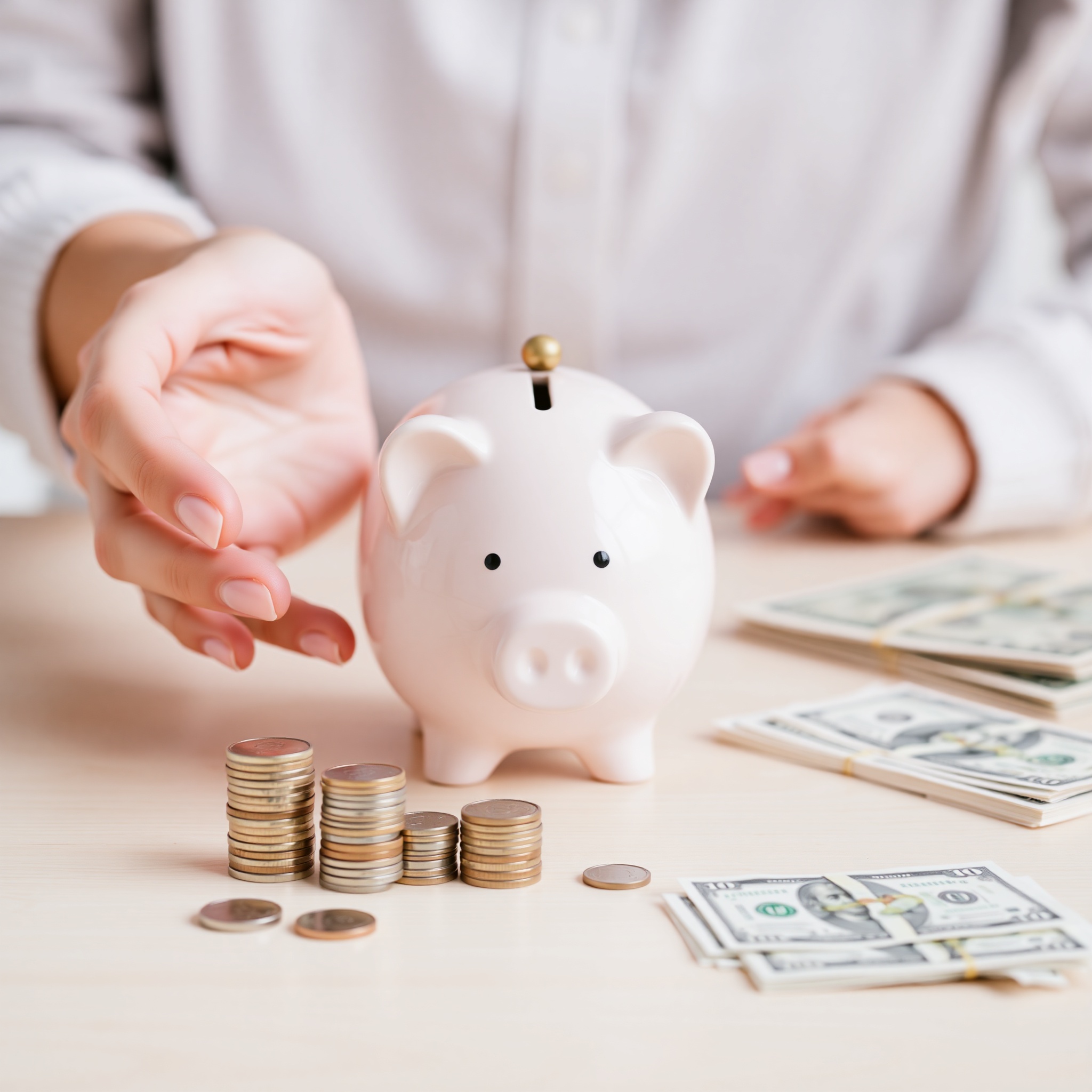 Close-up of hands holding piggy bank with coins stacked nearby representing savings growth
