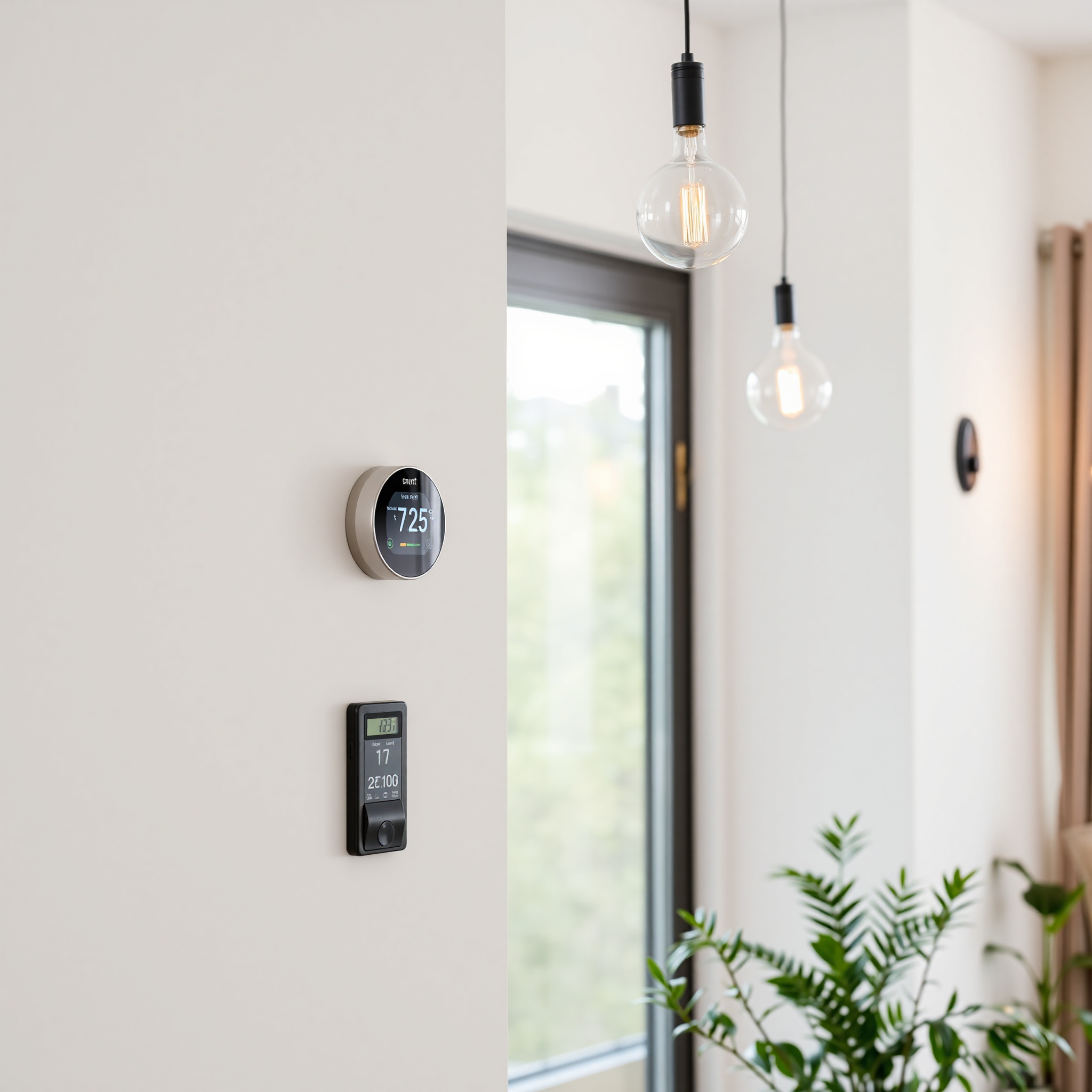 Professional photo of smart home thermostat and energy-efficient lighting setup in modern home, utility bill reduction concept