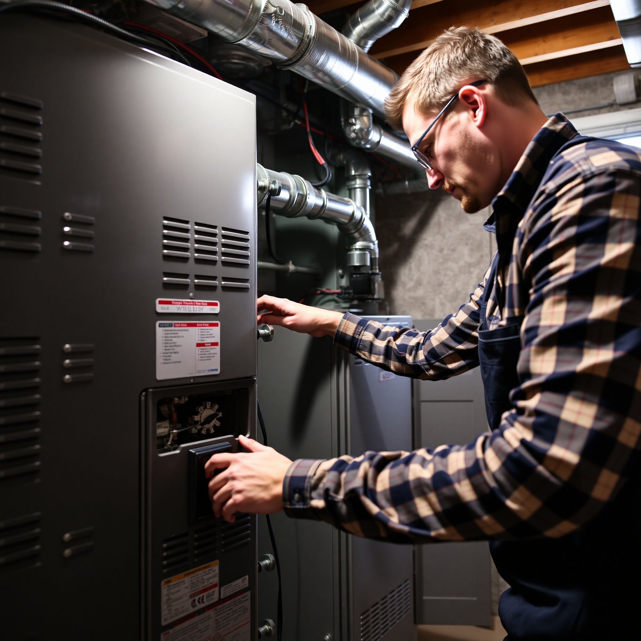 Professional technician performing furnace maintenance in residential basement with tools and equipment