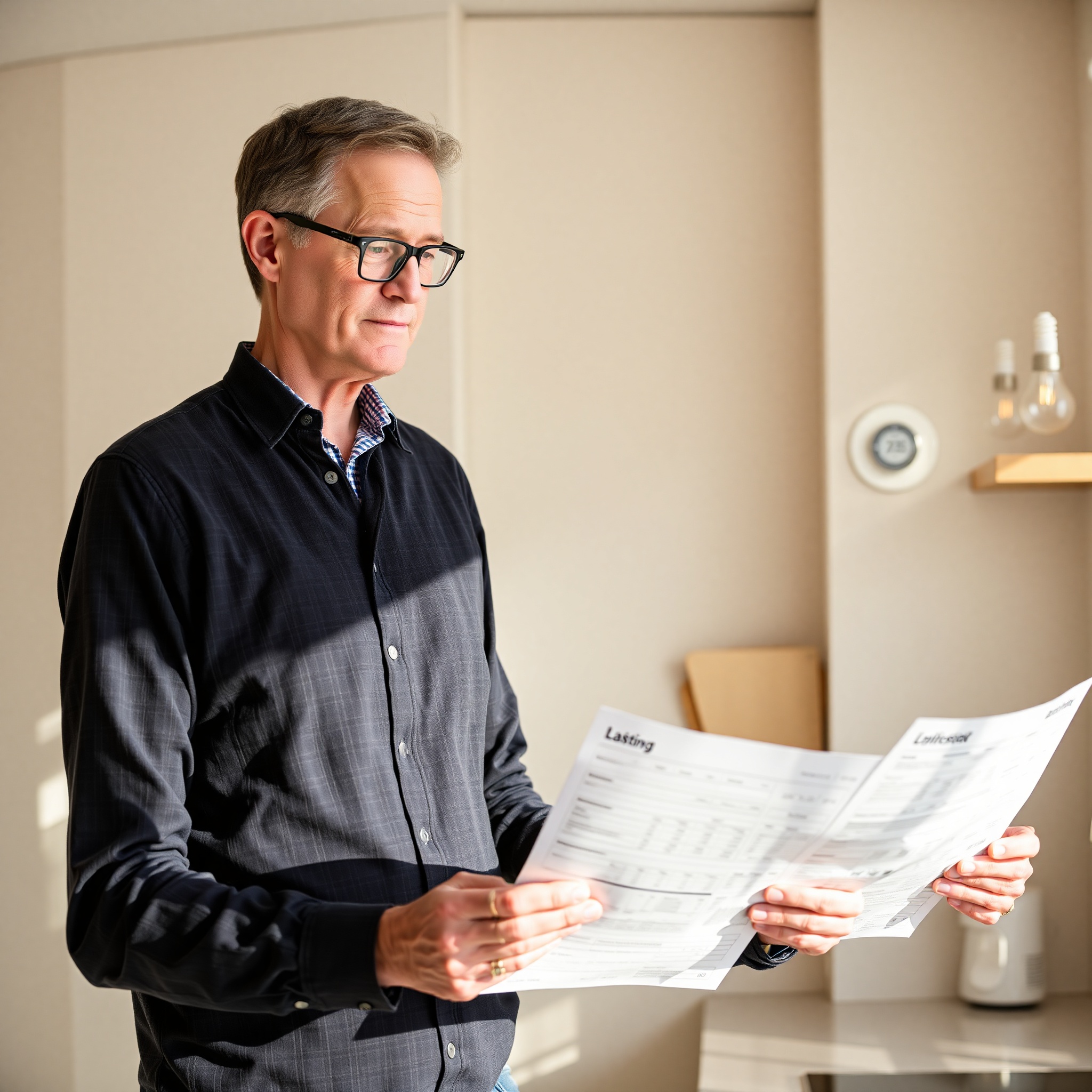 Professional man reviewing utility bills and energy-saving devices on kitchen counter