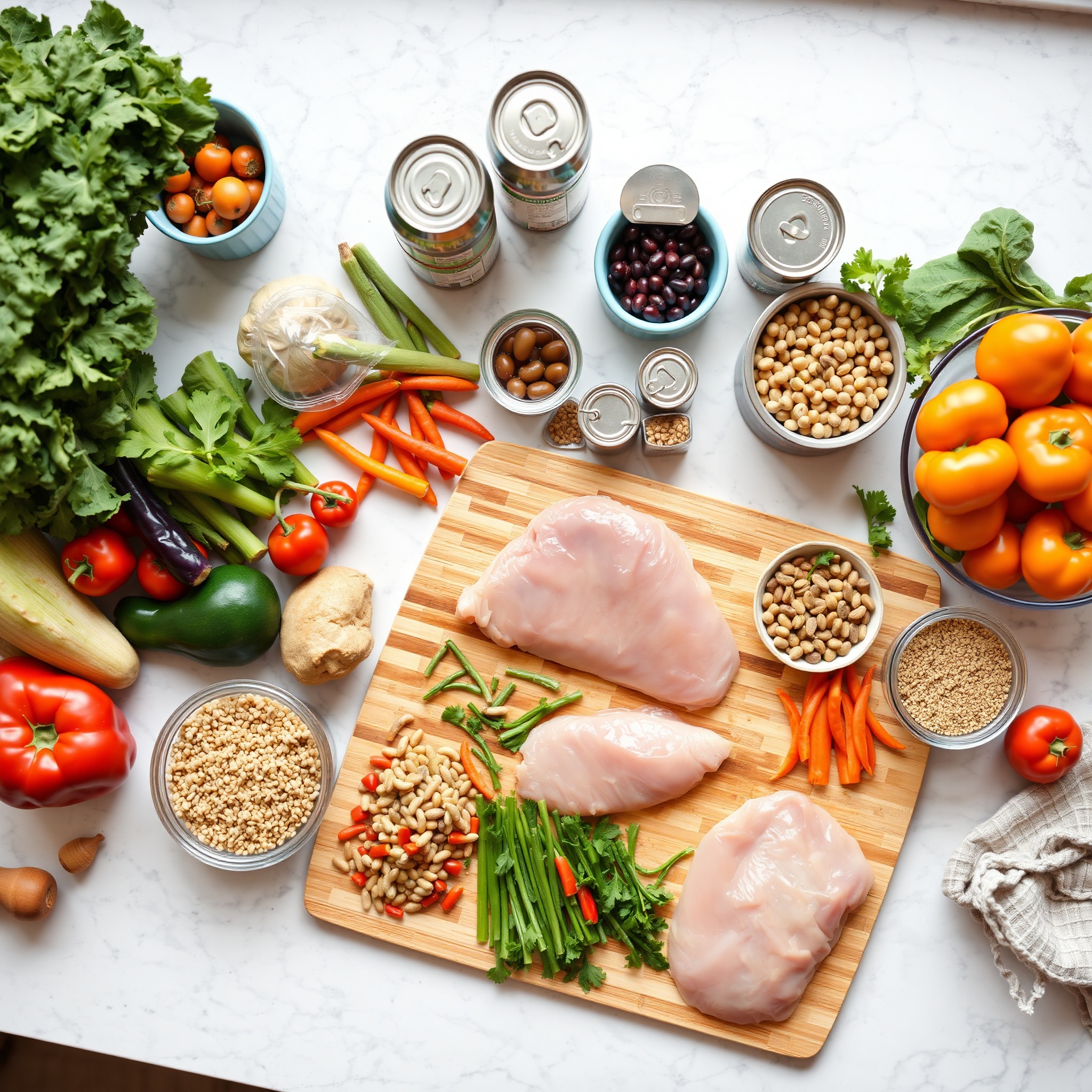 Professional photo of healthy meal prep with fresh vegetables, legumes, and lean proteins arranged on kitchen counter, natural daylight from window