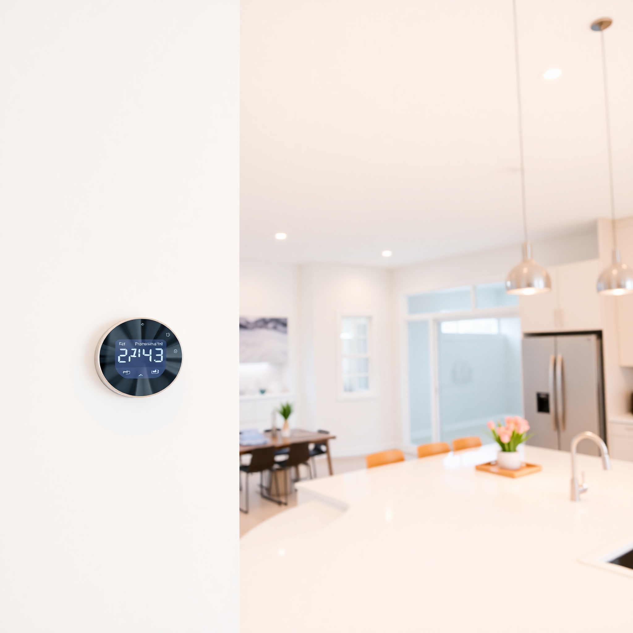 Modern home interior with smart thermostat, LED lighting, and energy-efficient appliances