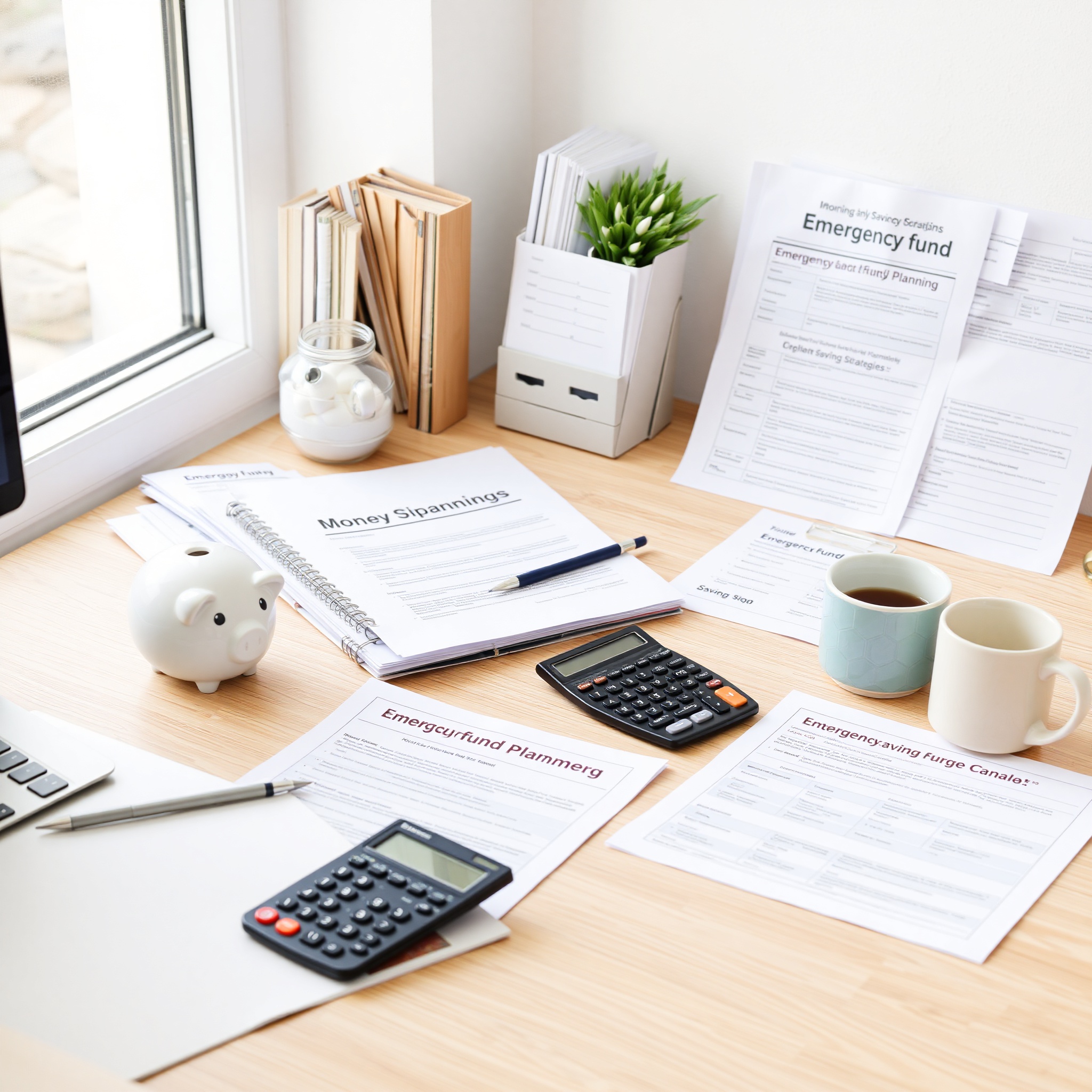Professional desk workspace with financial documents, calculator, and savings plan notebook for emergency fund