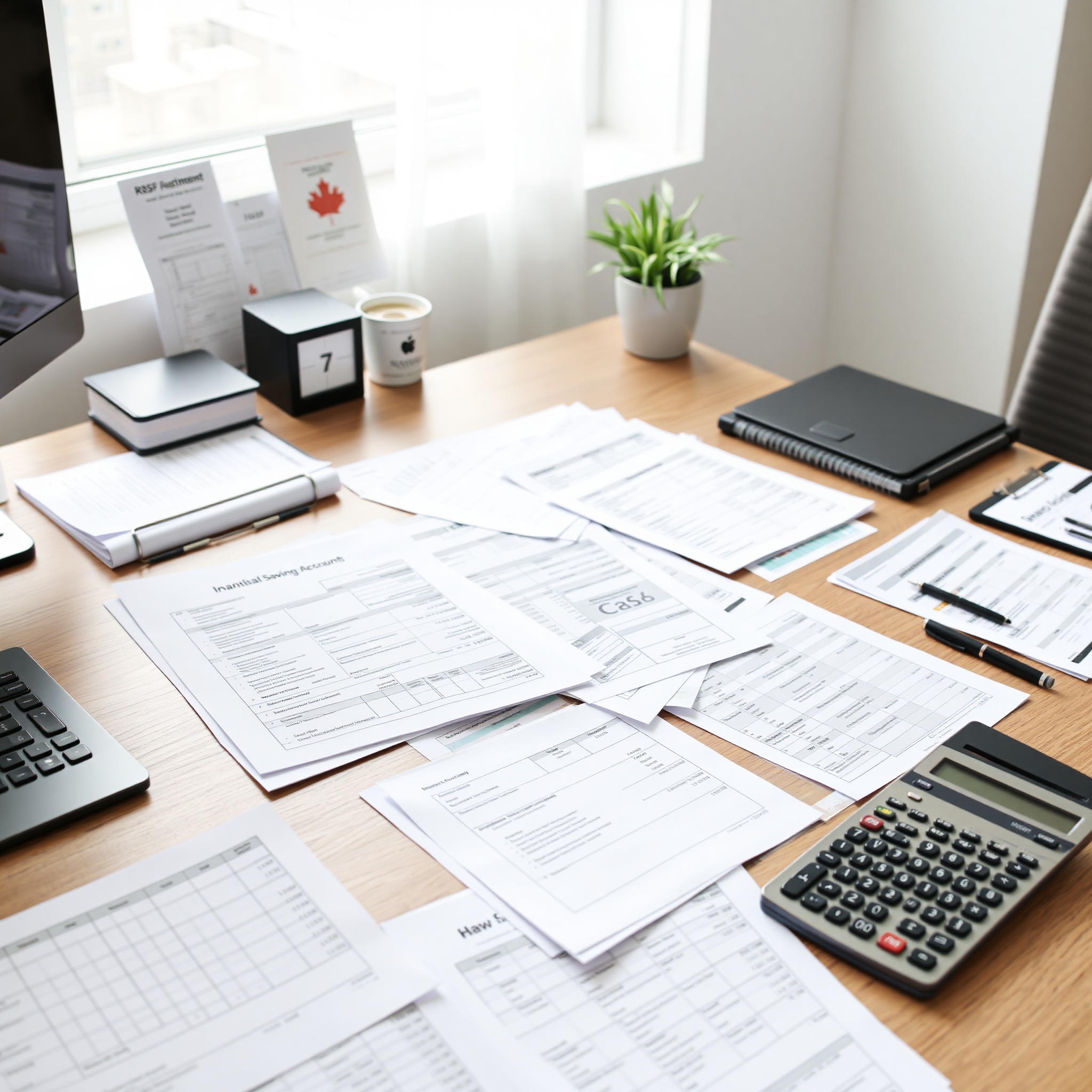 Professional woman reviewing monthly budget spreadsheet at desk with calculator and coffee cup