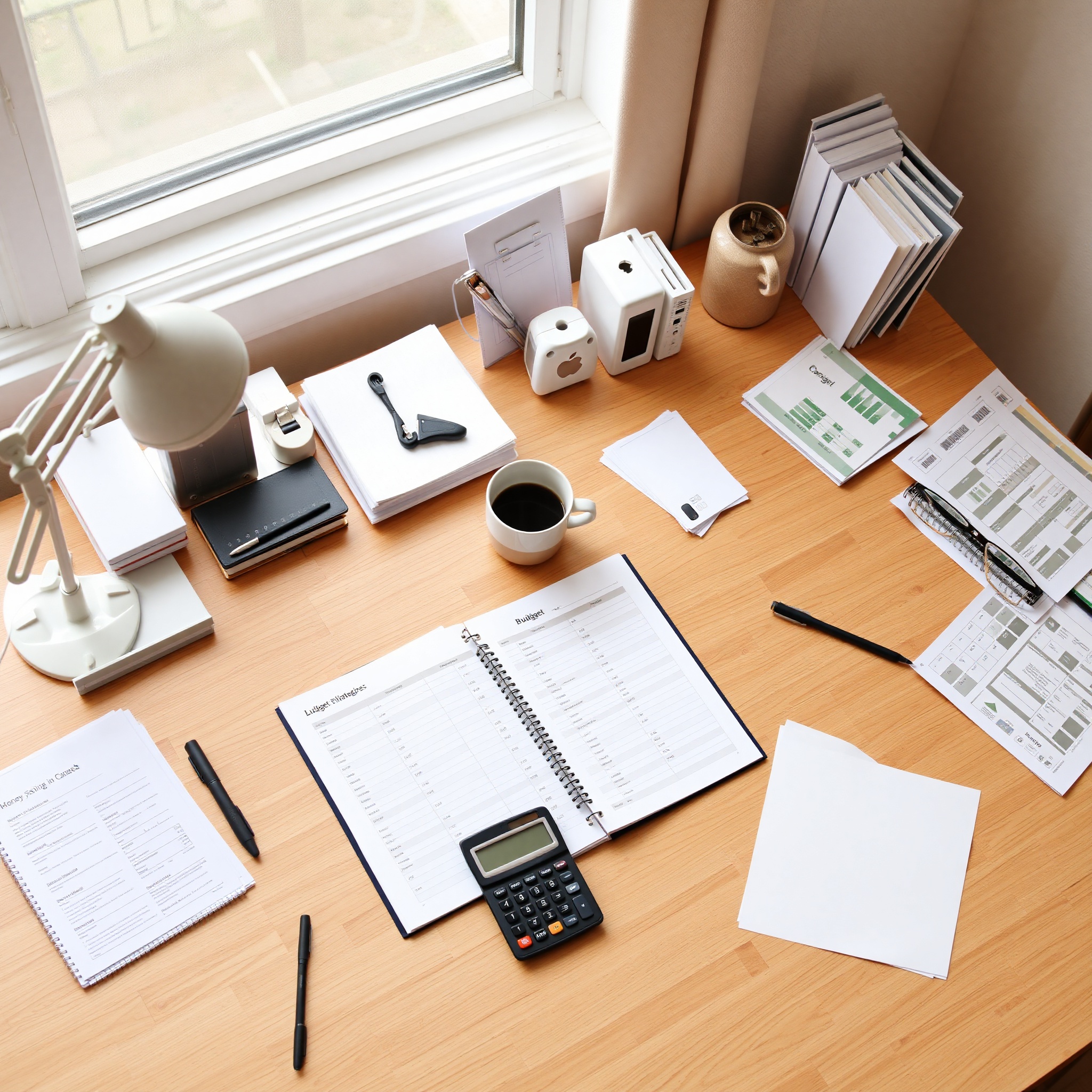 Professional workspace with organized budget planner, calculator, and financial documents on desk