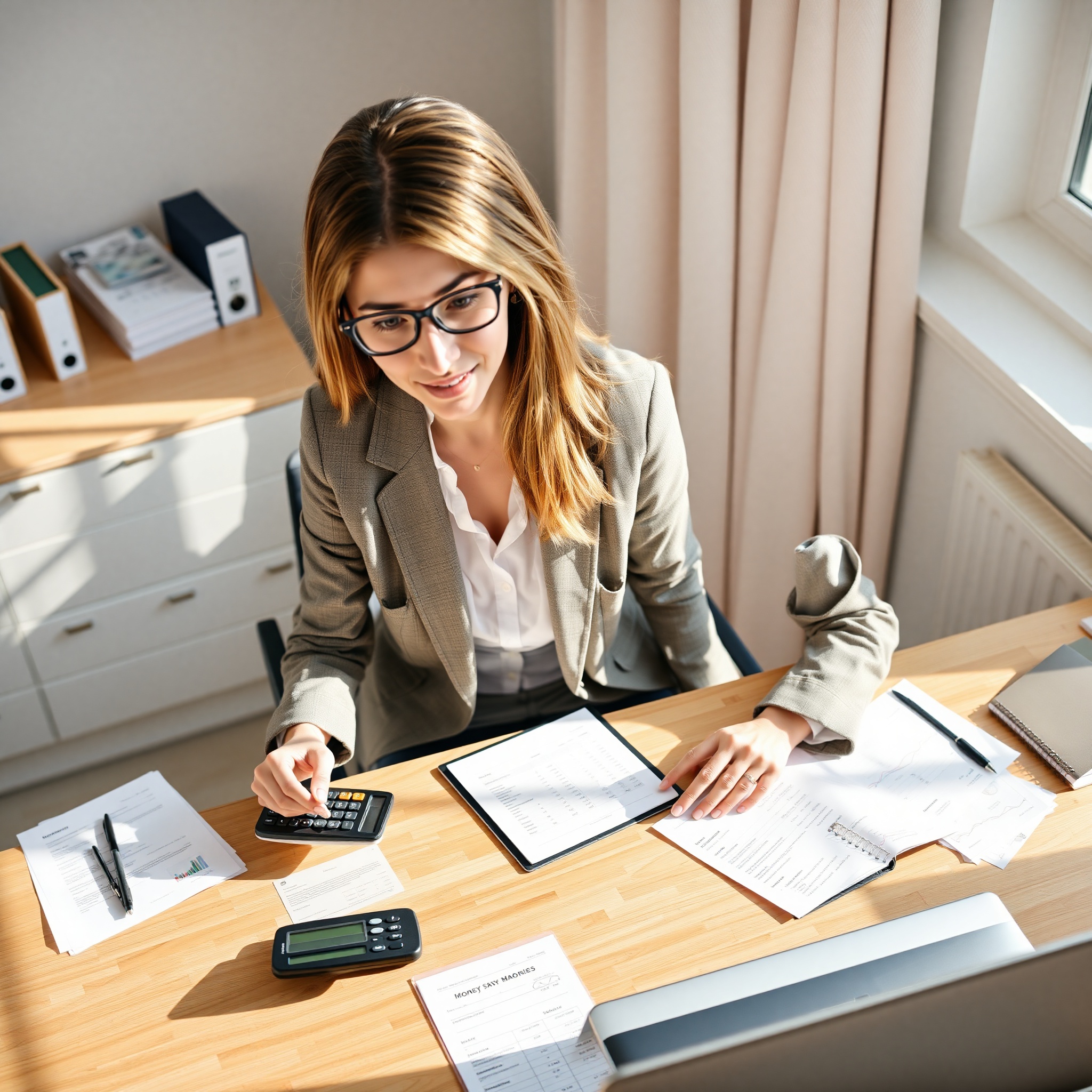 Person calculating savings goals and investment strategy with calculator and notebook