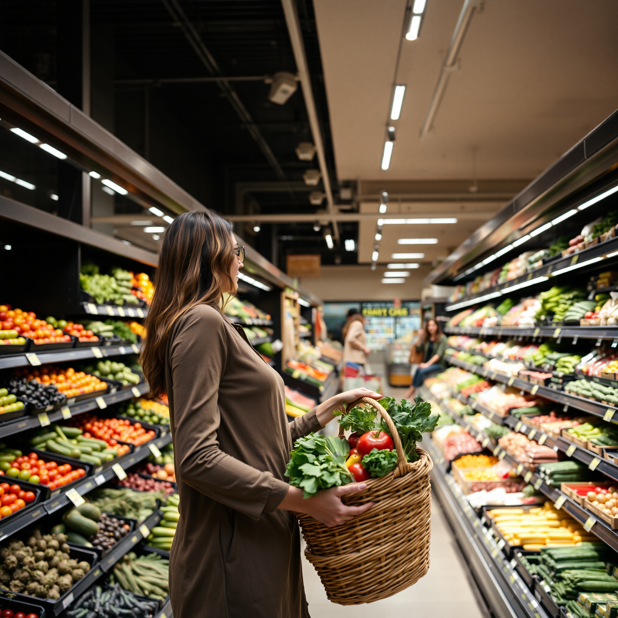 Professional grocery shopping basket with fresh vegetables and healthy items at supermarket