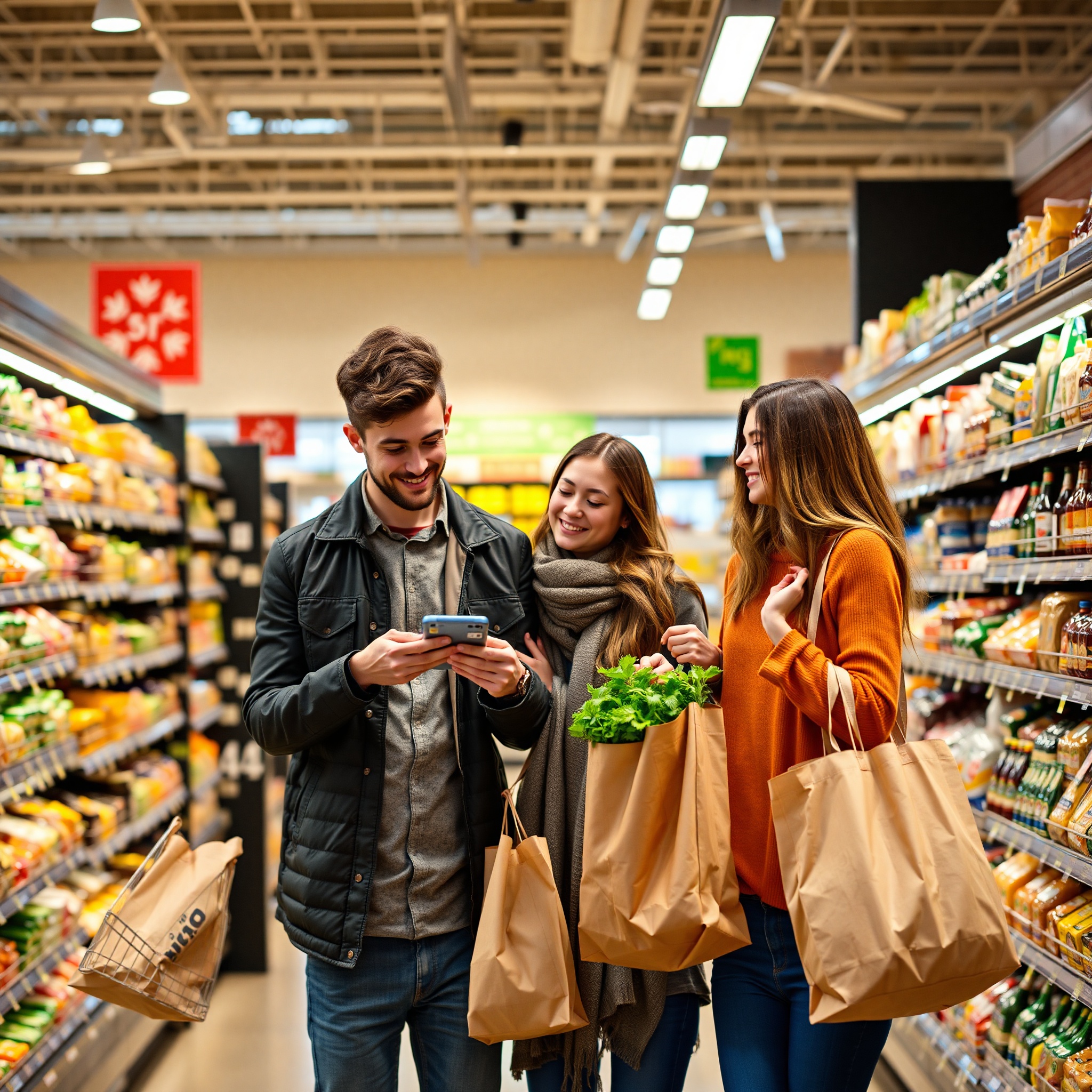 Young couple shopping together with reusable bags and checking grocery list in store